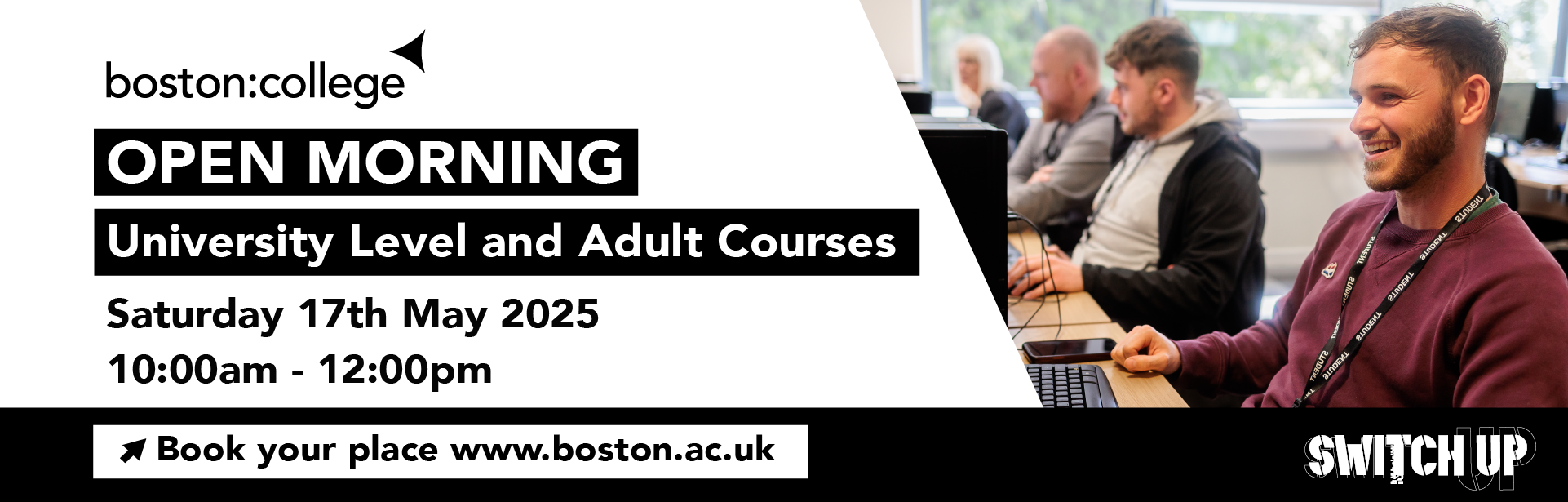 Boston College Open Morning for University Level and Adult Courses Banner Saturday 17th May 2025 10:00am - 12:00pm