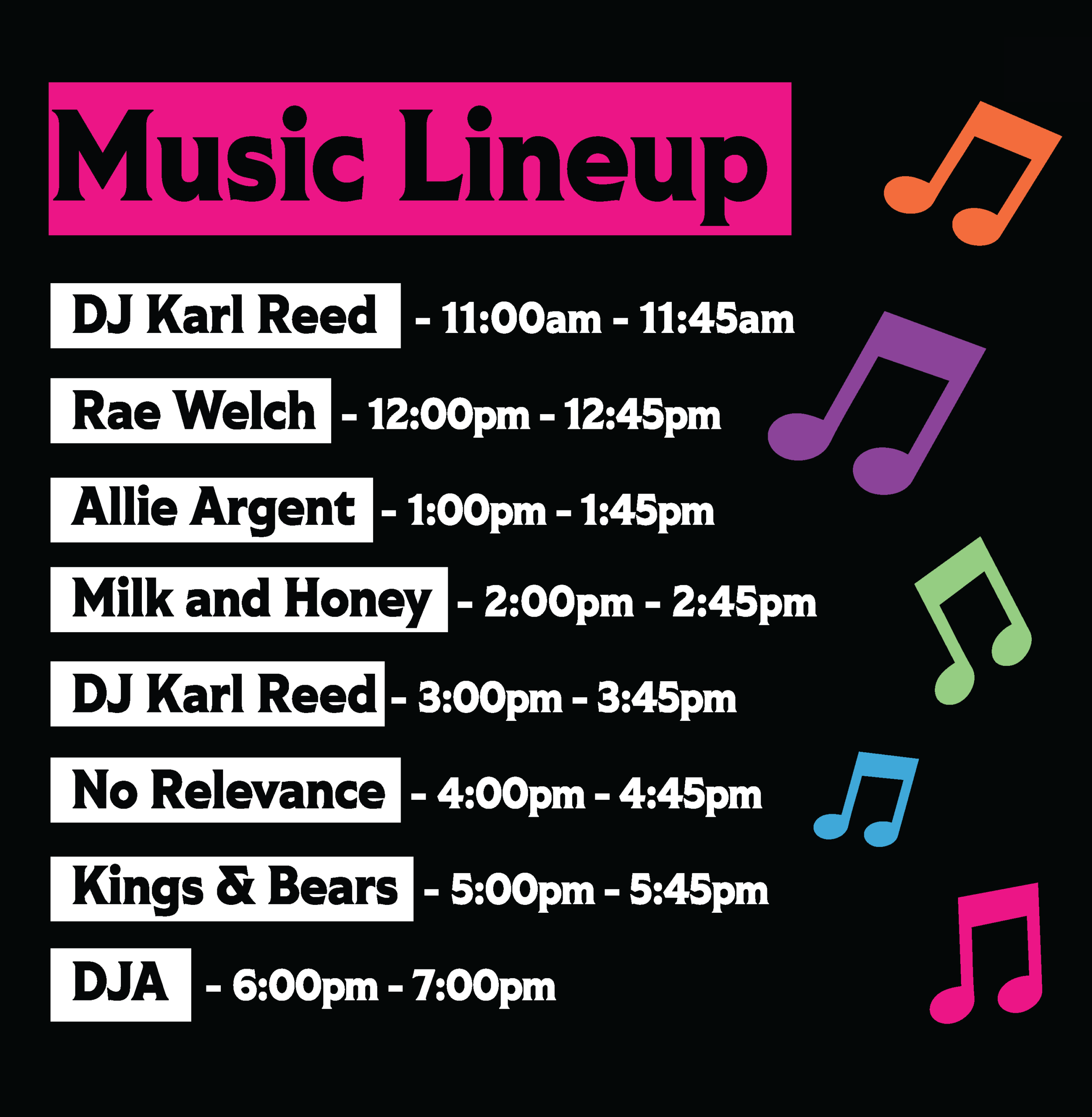 SparkFest Music Line Up DJ Karl Reed 11:00am - 11:45am Rae Welch 12:00pm -12:45pm Allie Argent - 1:00pm - 1:45pm Milk and Honey 2:00pm - 2:45pm DJ Karl Reed 3:00pm - 3:45pm No Relevance 4:00pm - 4:45pm Kings & Bears 5:00pm - 5:45pm DJA - 6:00pm - 7:00pm