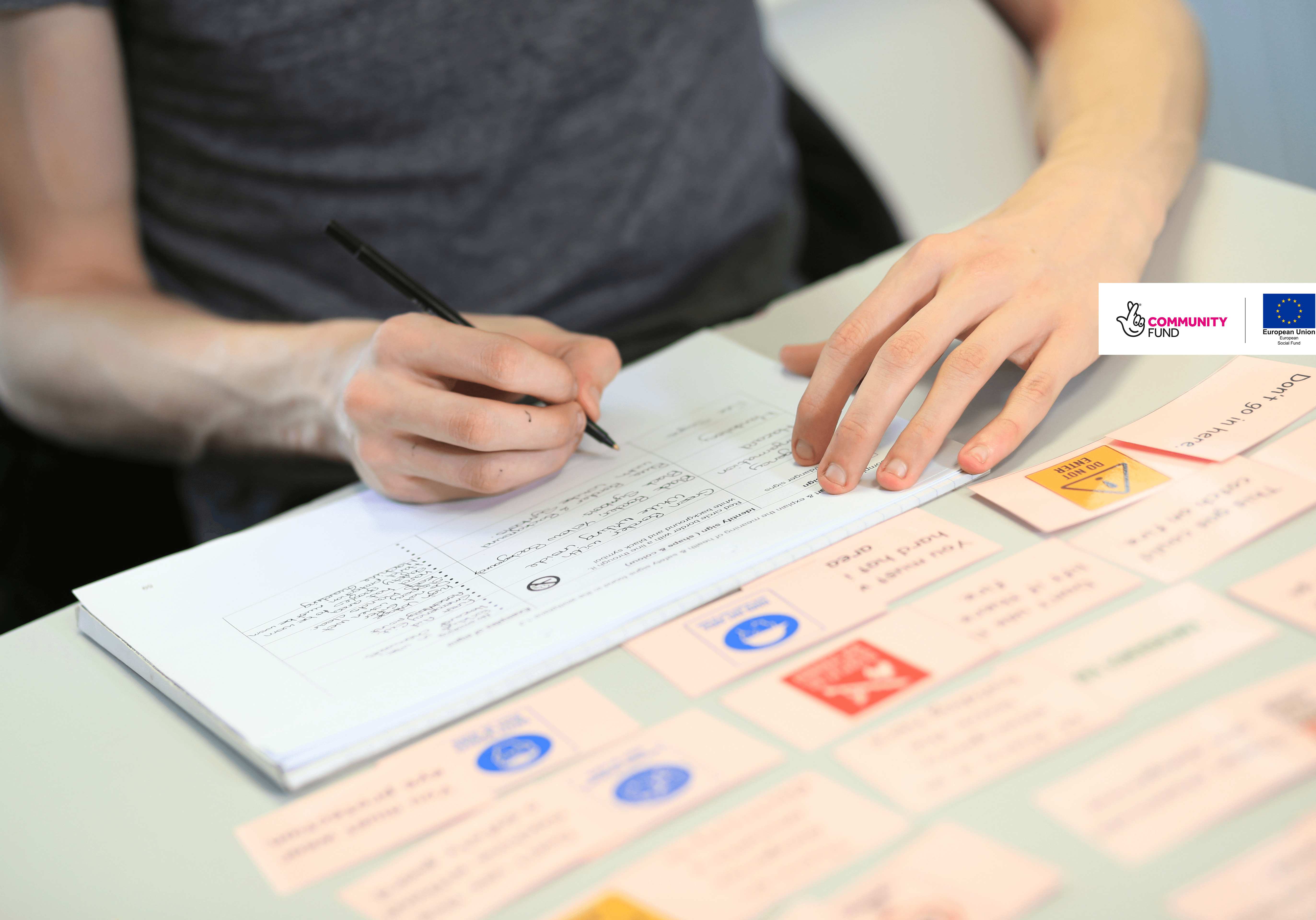 Close up shot of learner hands working in class